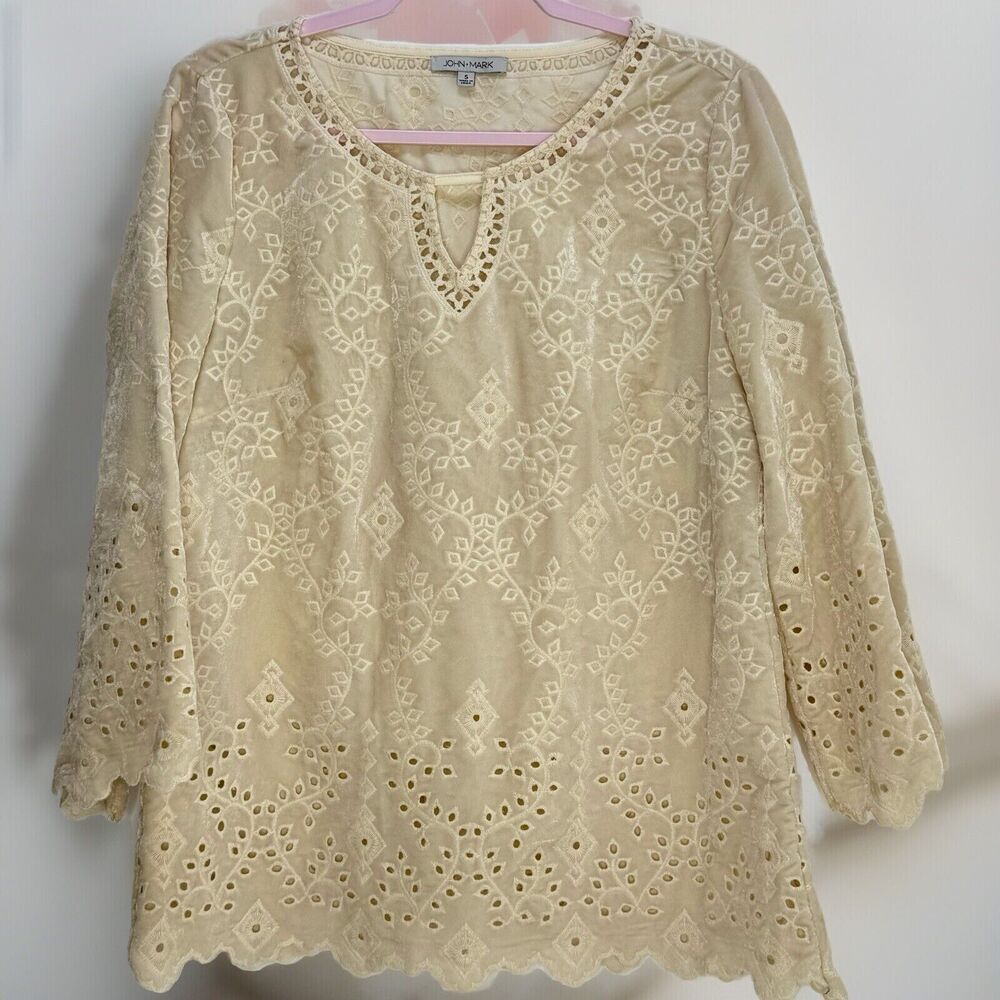 John Mark Top Blouse Ivory Velvet Embroidered Lace Eyelet Popover S Soft